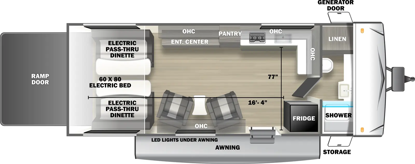 The 2450SLX travel trailer has no slide outs, 1 entry door and 1 rear ramp door. Exterior features include an awning with LED lights, front door side storage and front off-door side generator door. Interior layout from front to back includes: front bathroom with linen storage, toilet, countertop, sink and shower; kitchen with refrigerator next to entry door, L-shaped off-door side countertop with overhead cabinets, stovetop, and kitchen sink; off-door side pantry; 2 door side recliners with end table; off-door side entertainment center across from the recliners; and rear electric 60 x 80 bed with opposing side electric pass-through dinette. Cargo length from rear of unit to refrigerator is 16 ft. 4 in. Cargo width from kitchen countertop to door side wall is 77 inches.